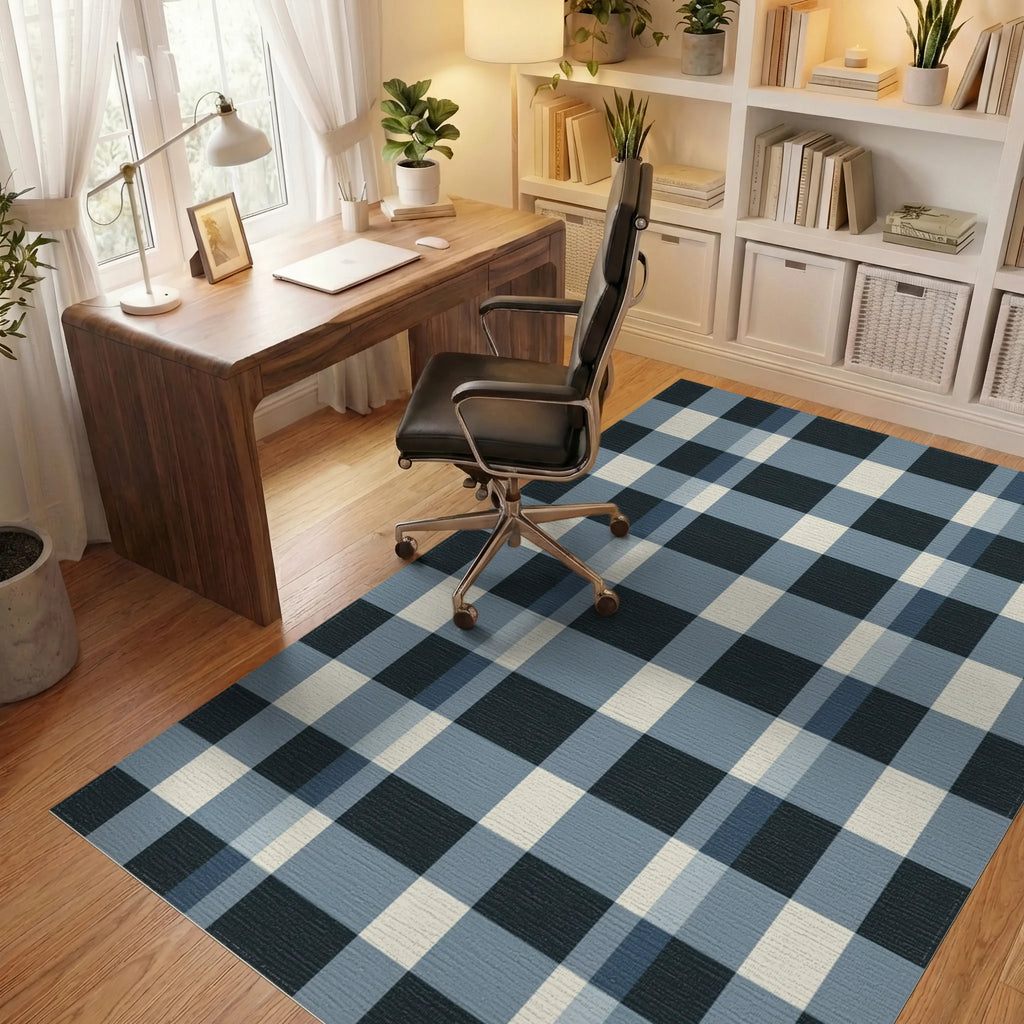 Classic Navy Cream Plaid Squares Rug Office View