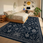 Classic Navy Floral Vine Art Rug Bedroom View