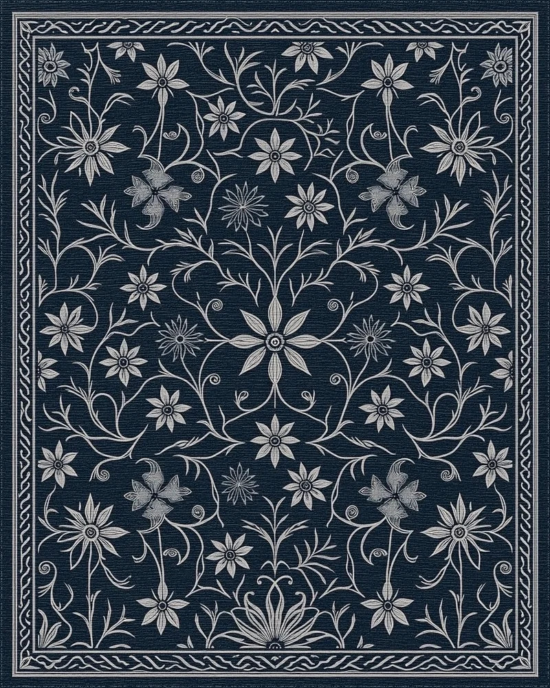 Classic Navy Floral Vine Art Rug - Cutout View