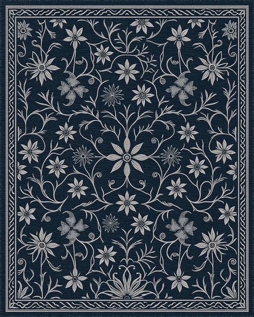 Classic Navy Floral Vine Art Rug - Cutout View
