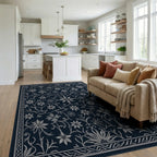 Classic Navy Floral Vine Art Rug Living Room View