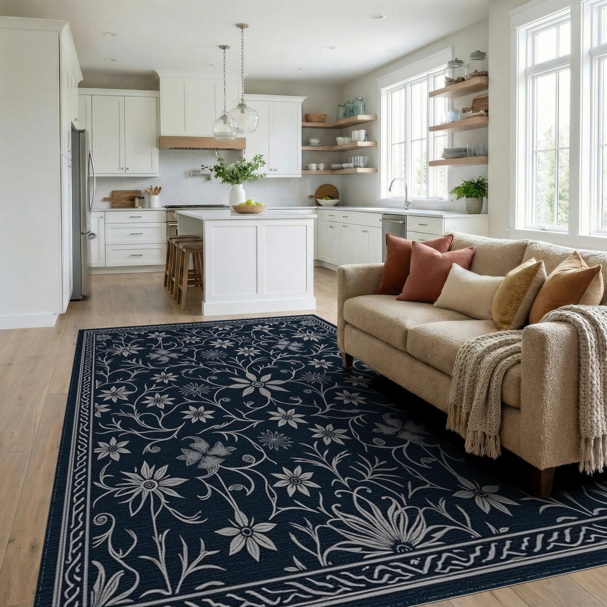 Classic Navy Floral Vine Art Rug Living Room View