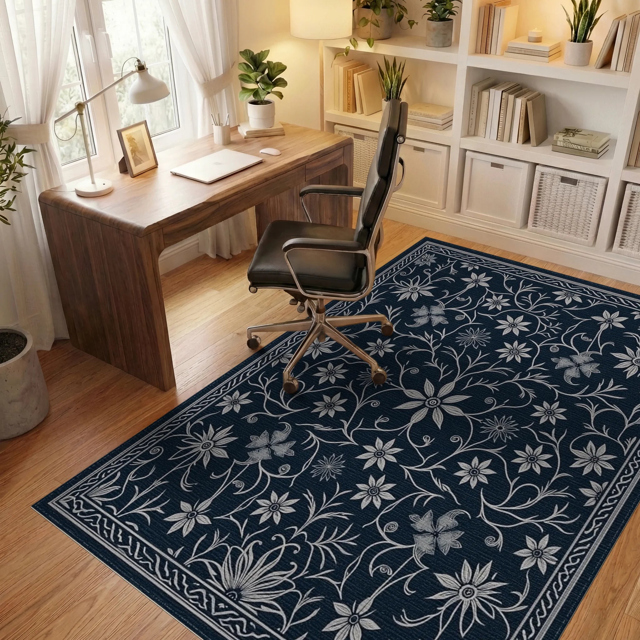 Classic Navy Floral Vine Art Rug Office View