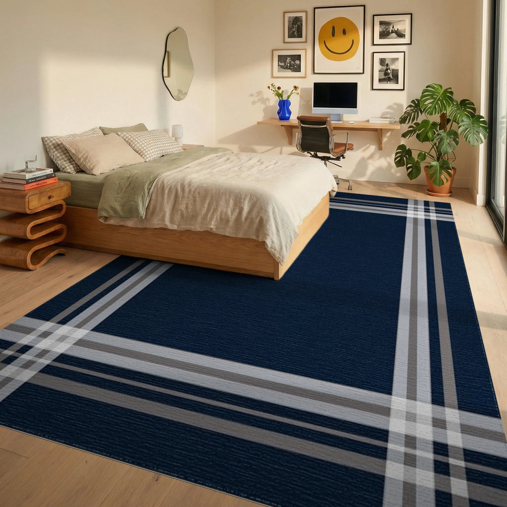 Classic Navy Plaid Border Design Rug - Bedroom View