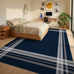 Classic Navy Plaid Border Design Rug - Bedroom View