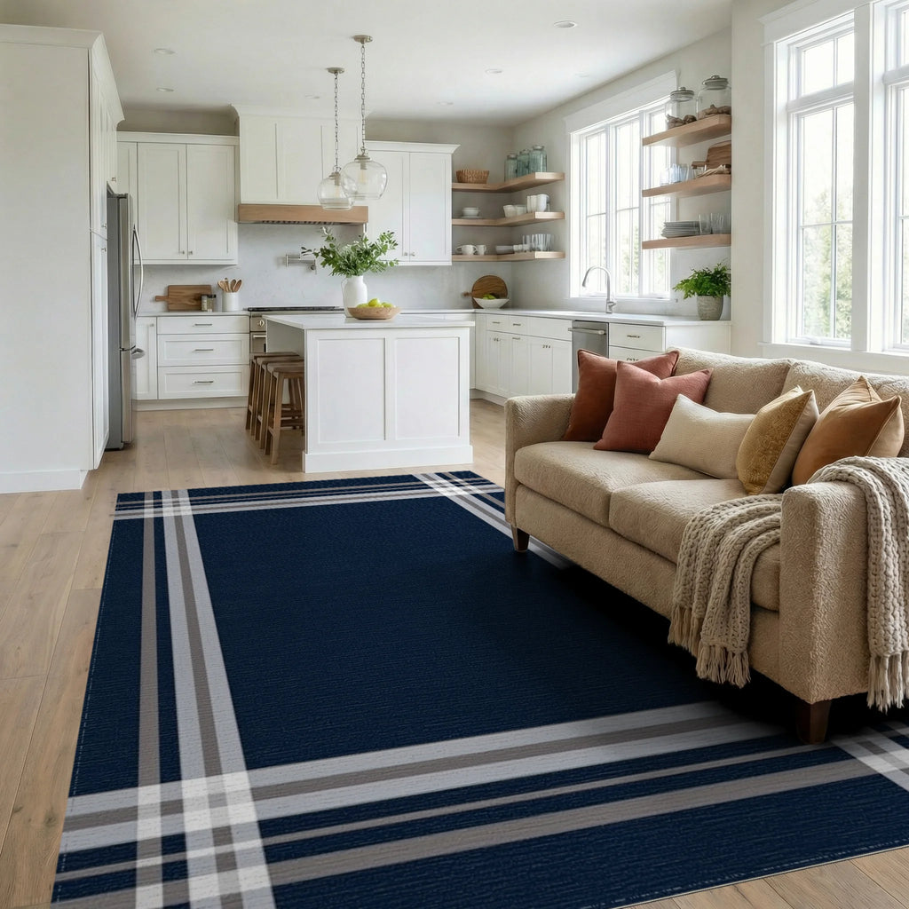 Classic Navy Plaid Border Design Rug - Living Room View