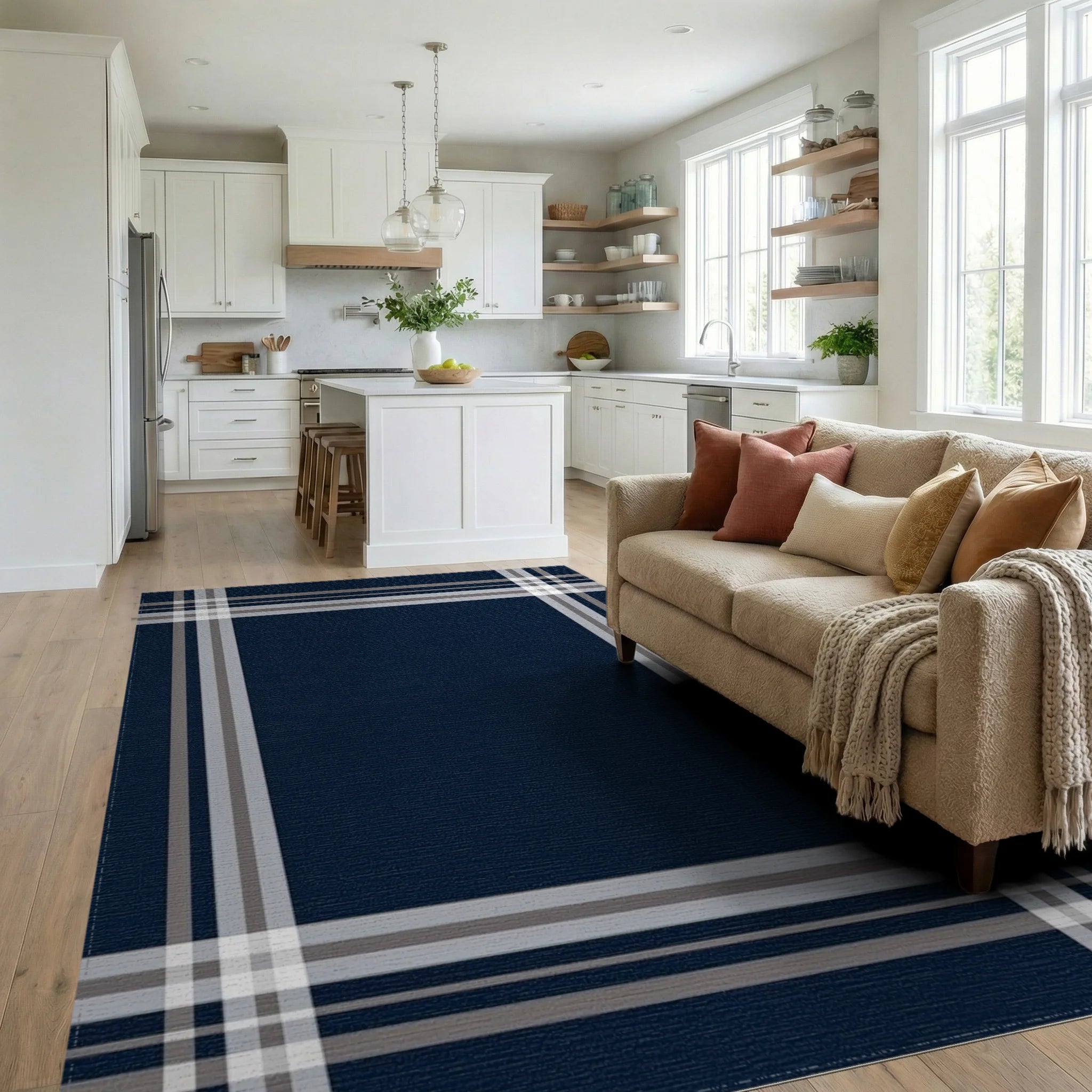 Classic Navy Plaid Border Design Rug - Living Room View