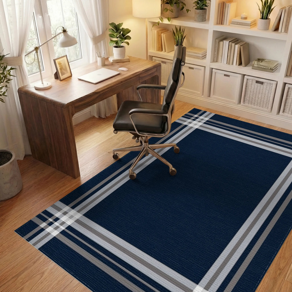 Classic Navy Plaid Border Design Rug - Office View