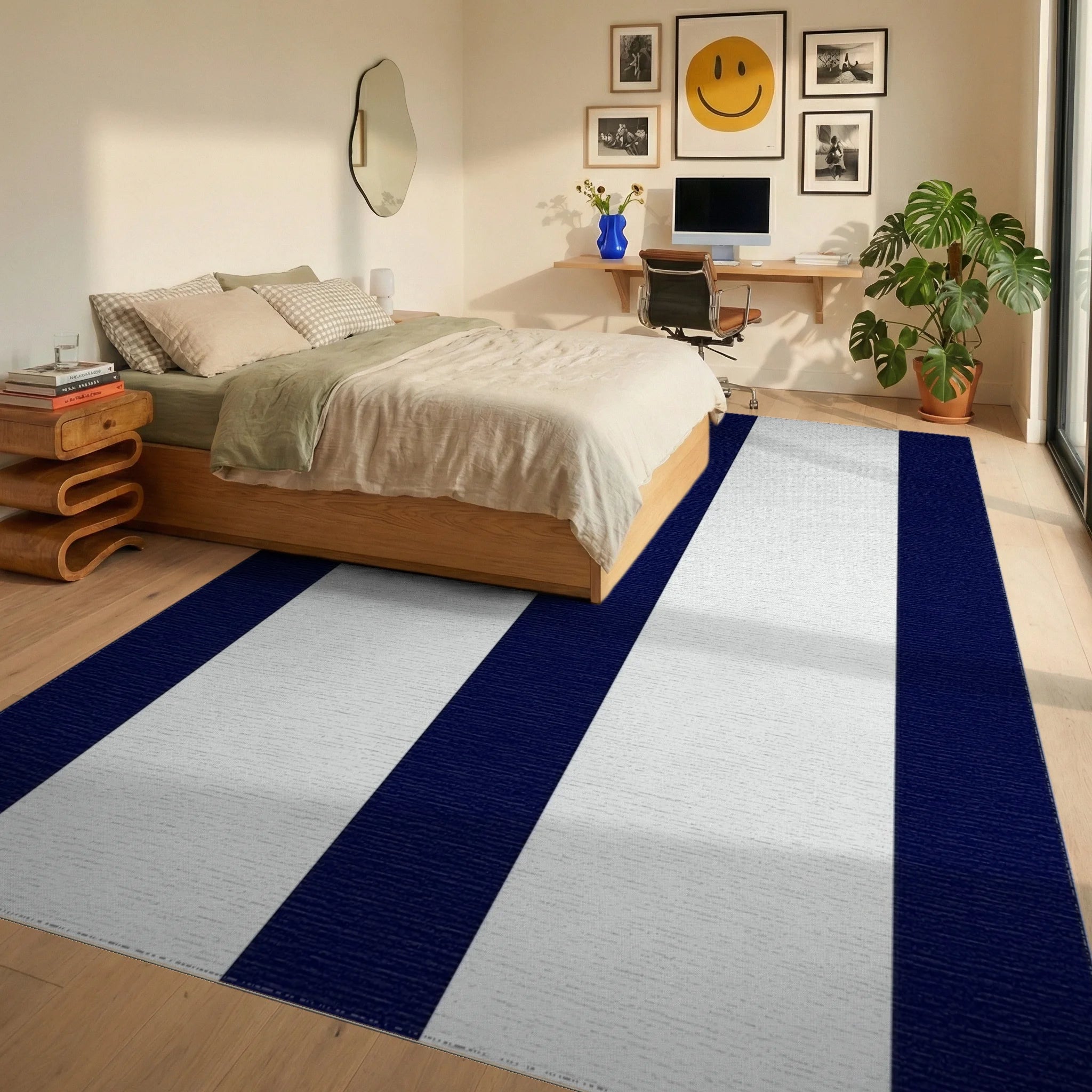 Classic Navy White Stripe Design Rug - Bedroom View
