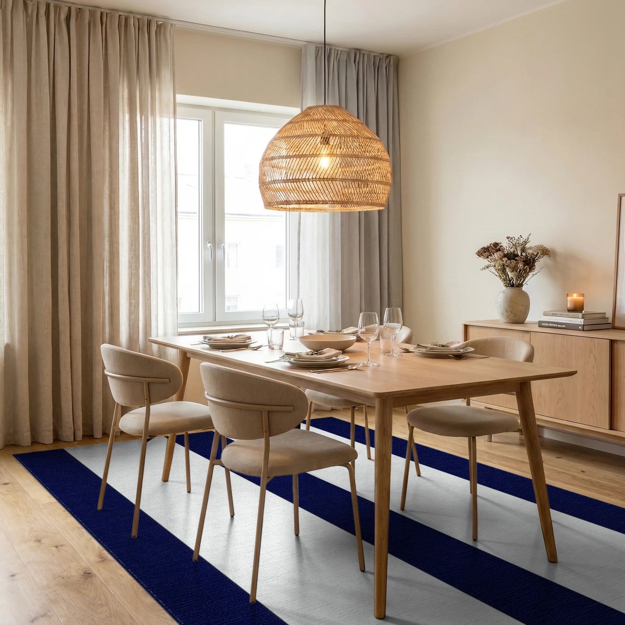 Classic Navy White Stripe Design Rug - Dining Room View