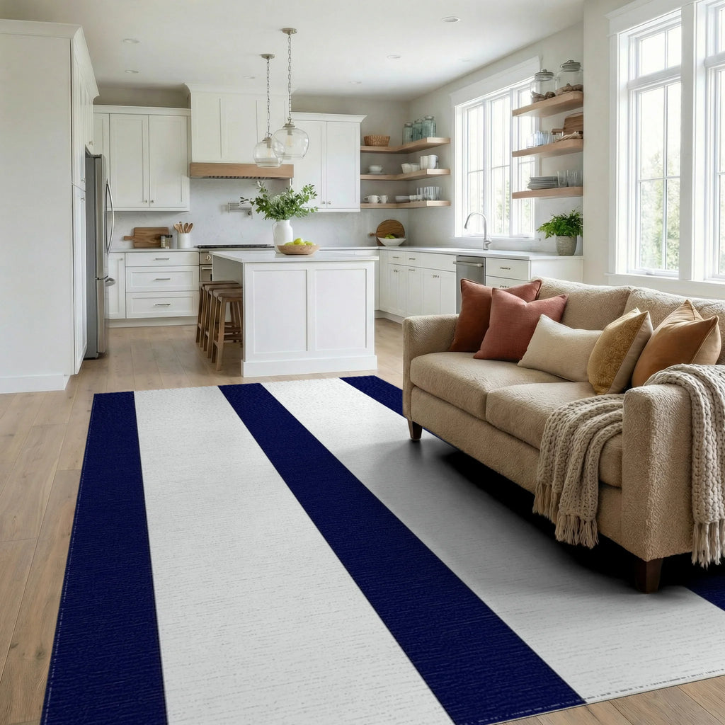 Classic Navy White Stripe Design Rug - Living Room View
