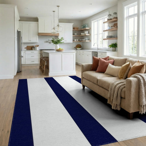 Classic Navy White Stripe Design Rug - Living Room View