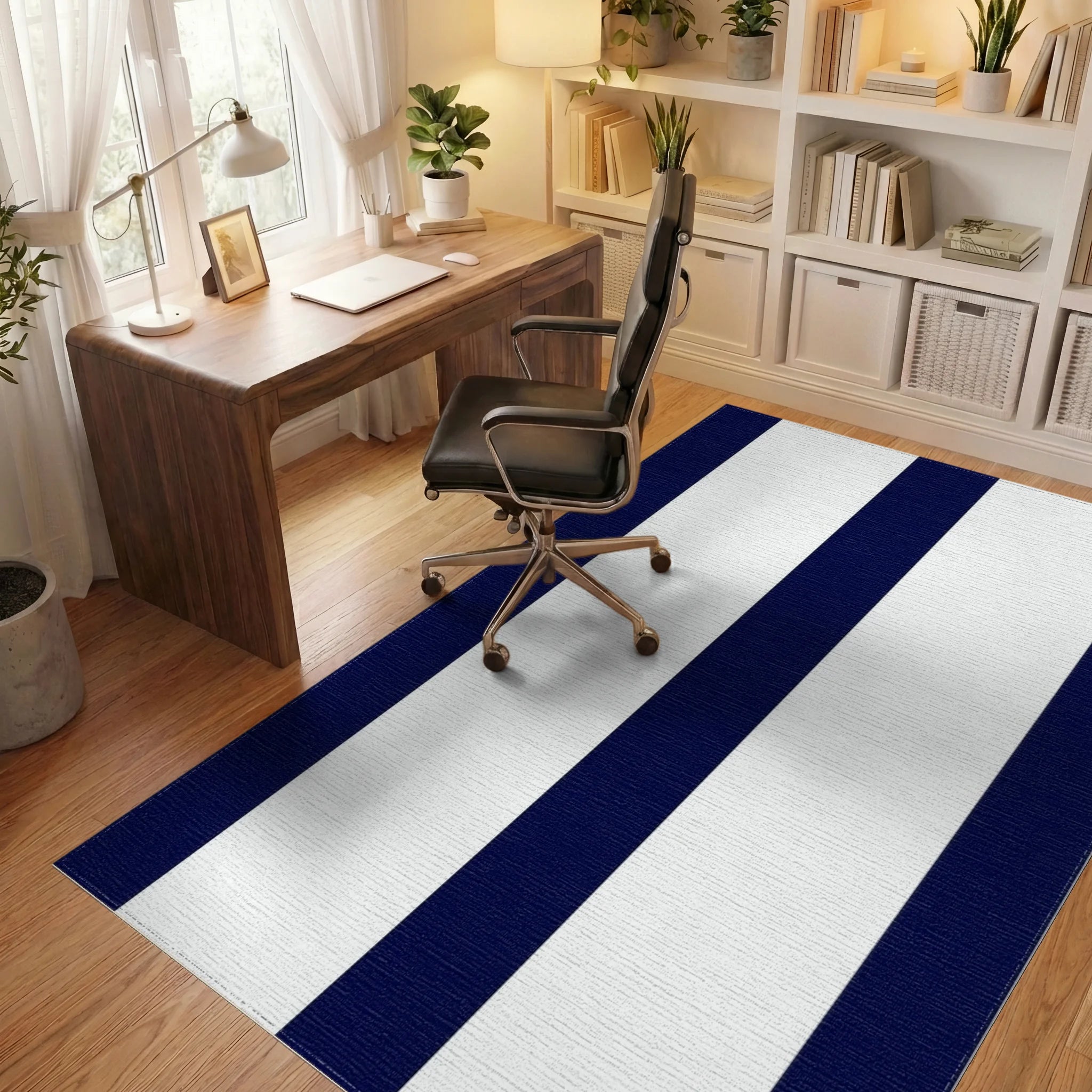Classic Navy White Stripe Design Rug - Office View
