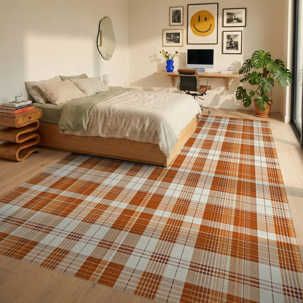 Classic Orange Plaid Texture Rug - Bedroom View
