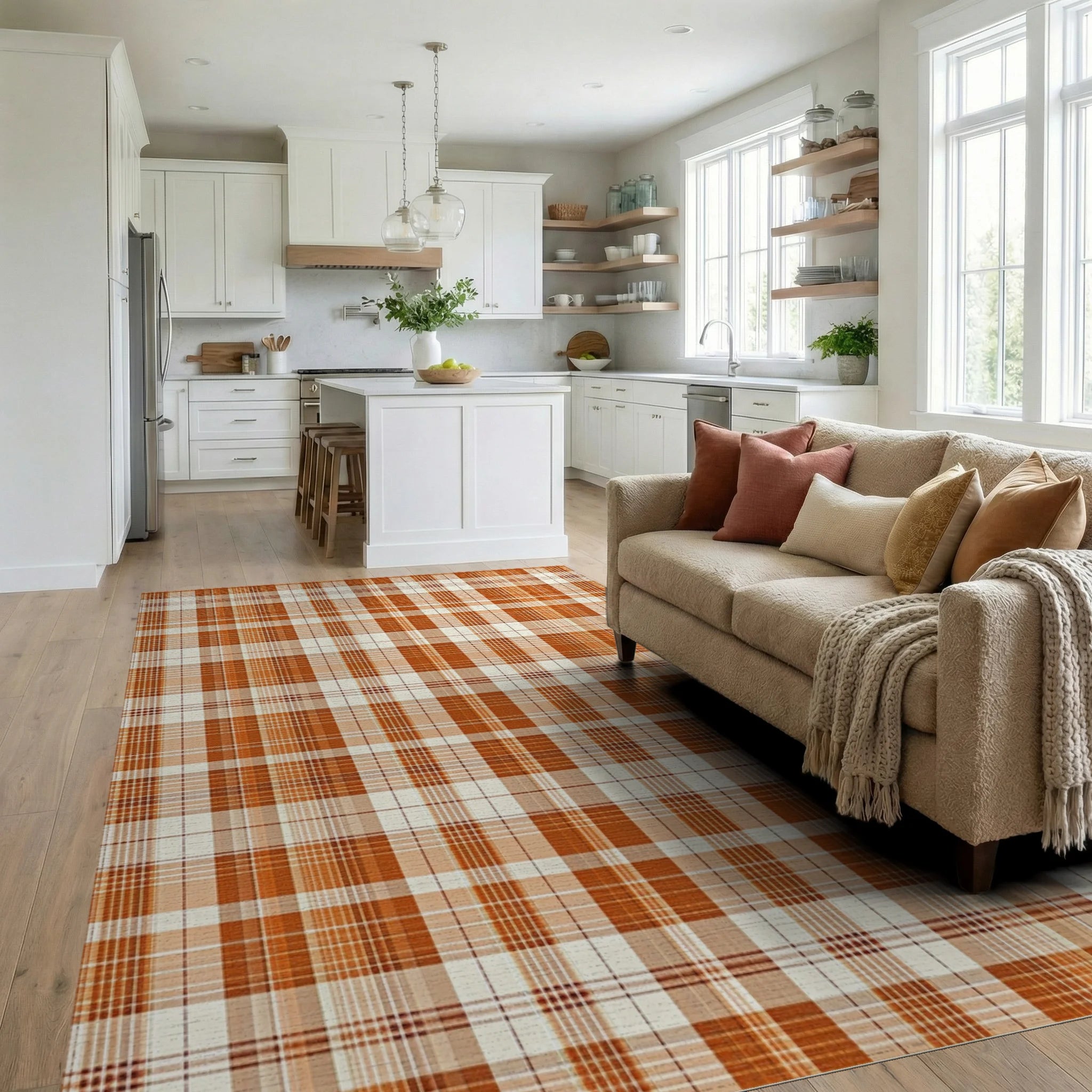 Classic Orange Plaid Texture Rug - Living Room View