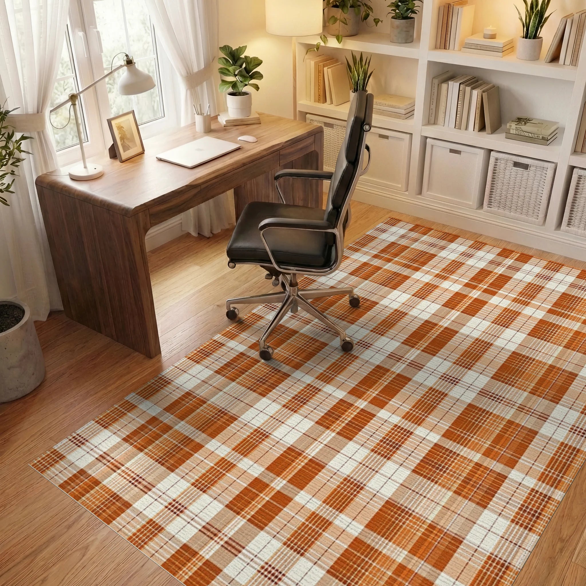 Classic Orange Plaid Texture Rug - Office View