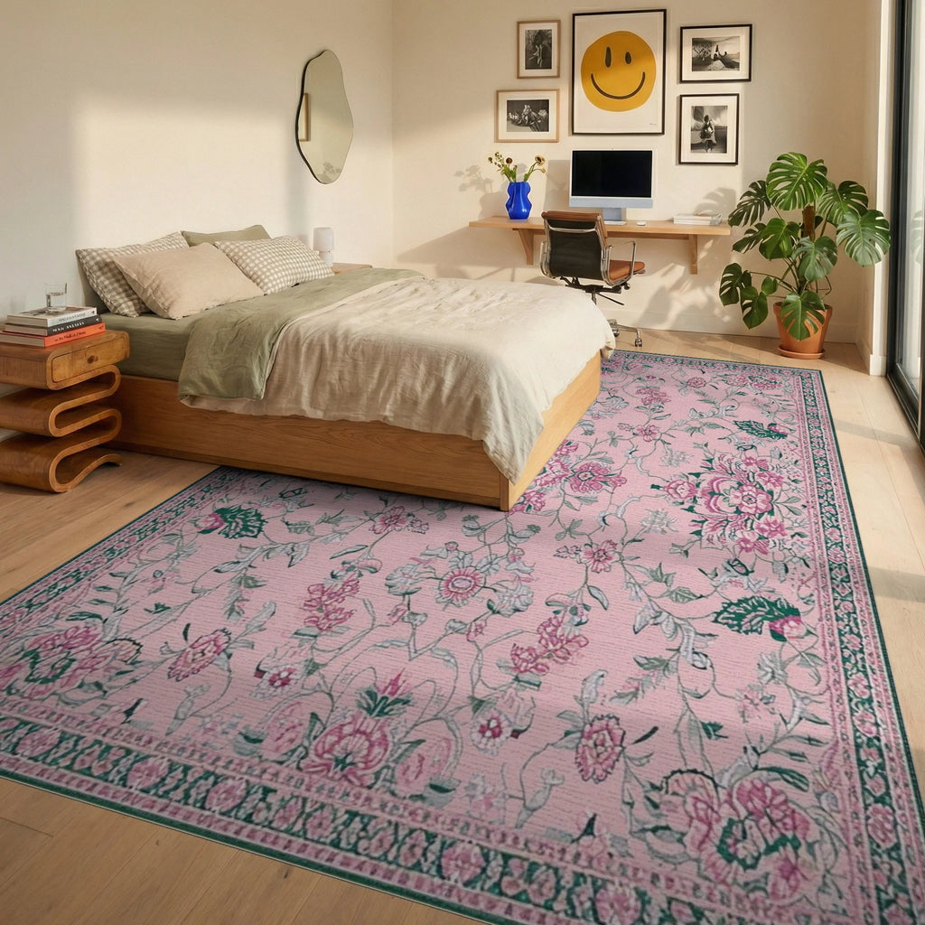 Classic Pink Botanical Scrollwork Rug - Bedroom View