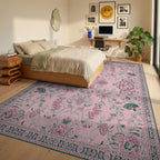 Classic Pink Botanical Scrollwork Rug - Bedroom View