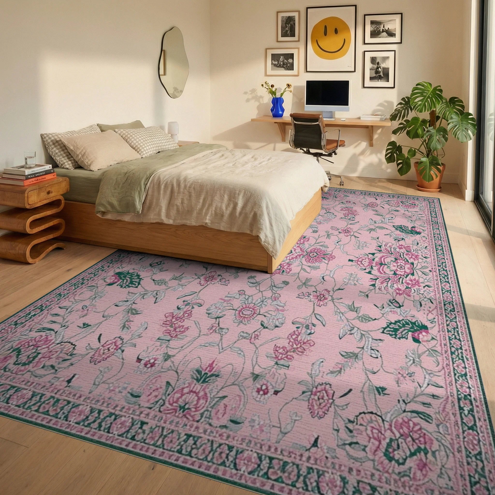 Classic Pink Botanical Scrollwork Rug - Bedroom View