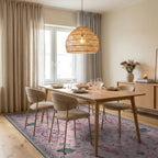 Classic Pink Botanical Scrollwork Rug - Dining Room View