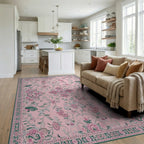 Classic Pink Botanical Scrollwork Rug - Living Room View