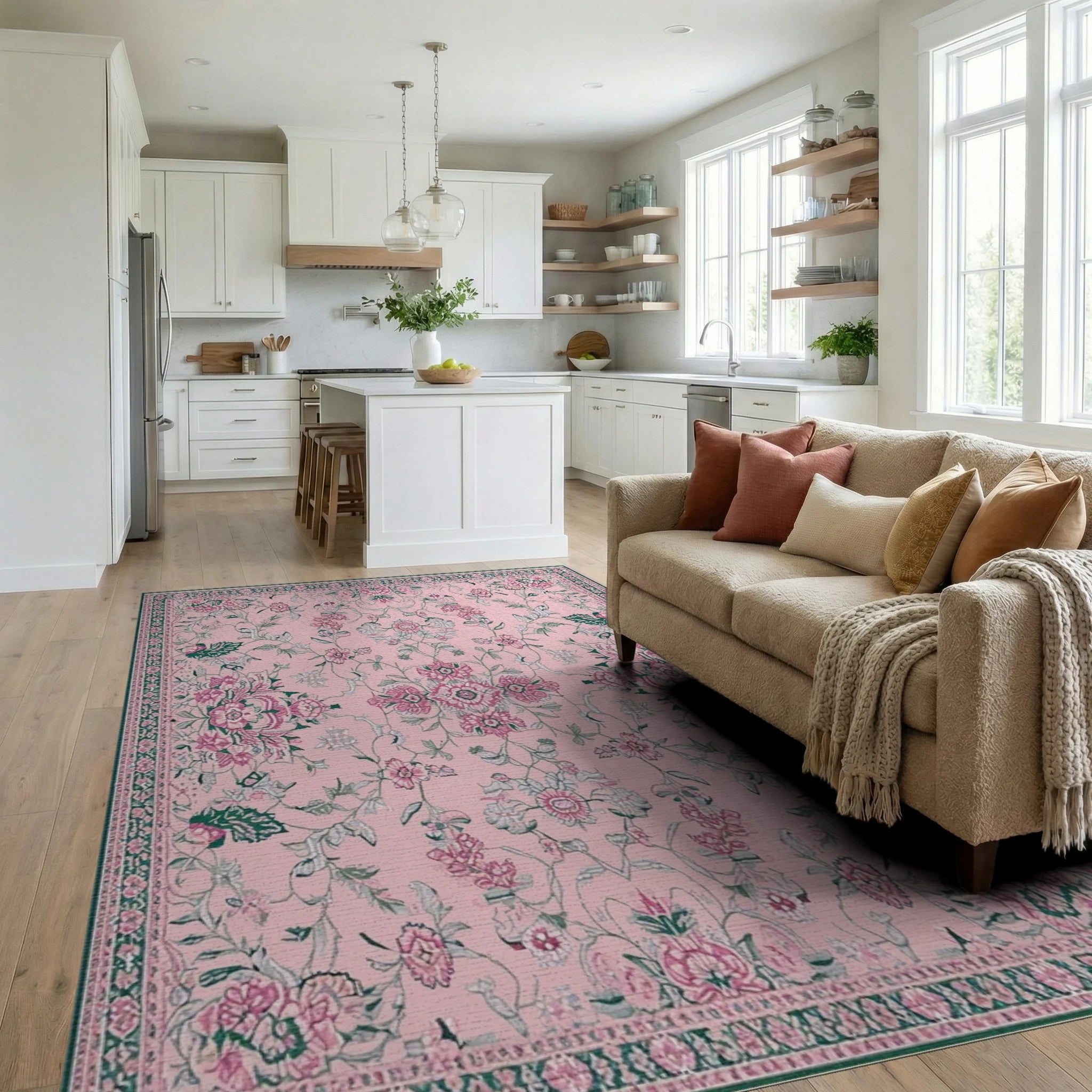 Classic Pink Botanical Scrollwork Rug - Living Room View