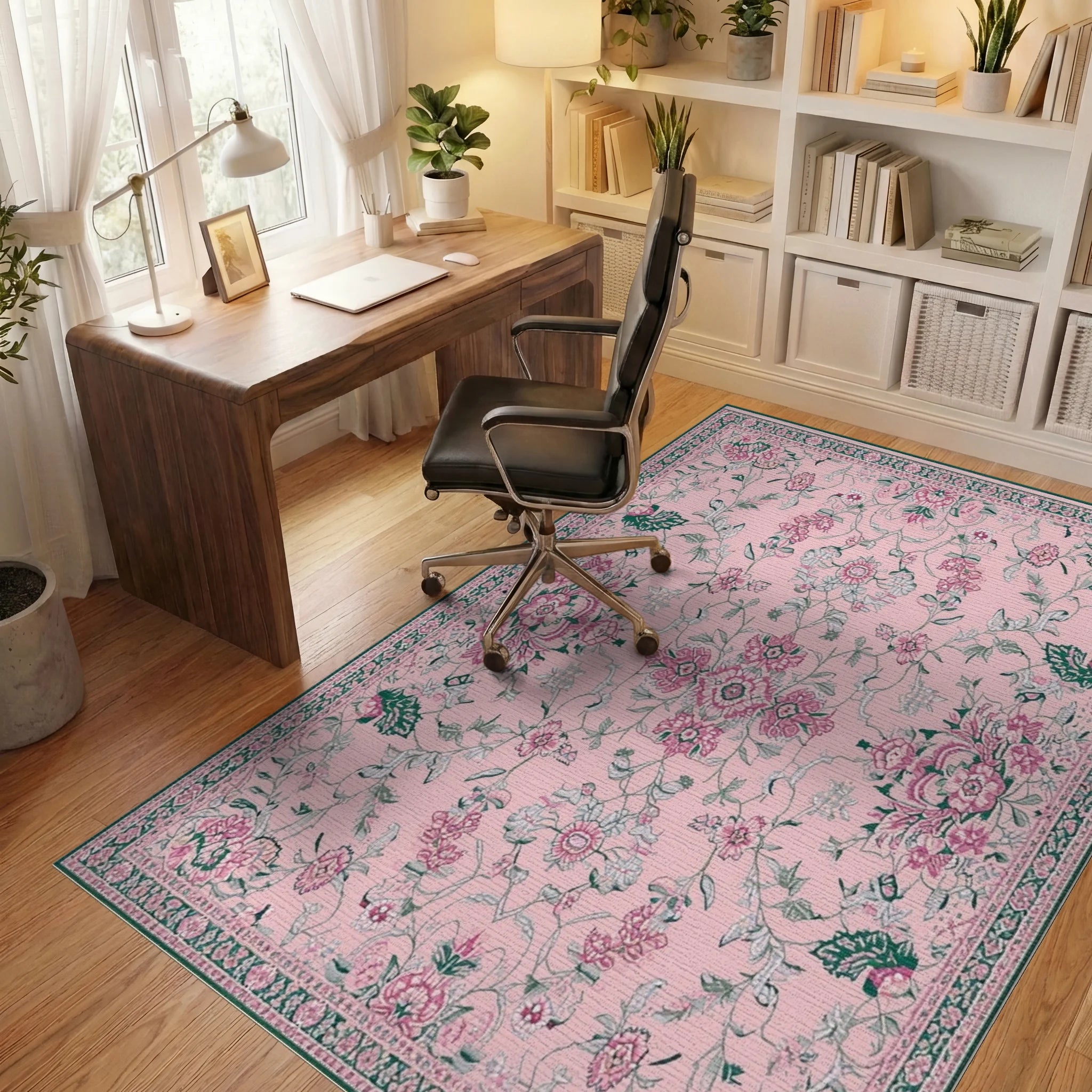 Classic Pink Botanical Scrollwork Rug - Office View