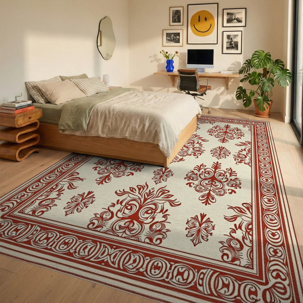 Classic Red Cream Damask Pattern Rug Bedroom View