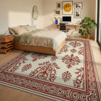 Classic Red Cream Damask Pattern Rug Bedroom View