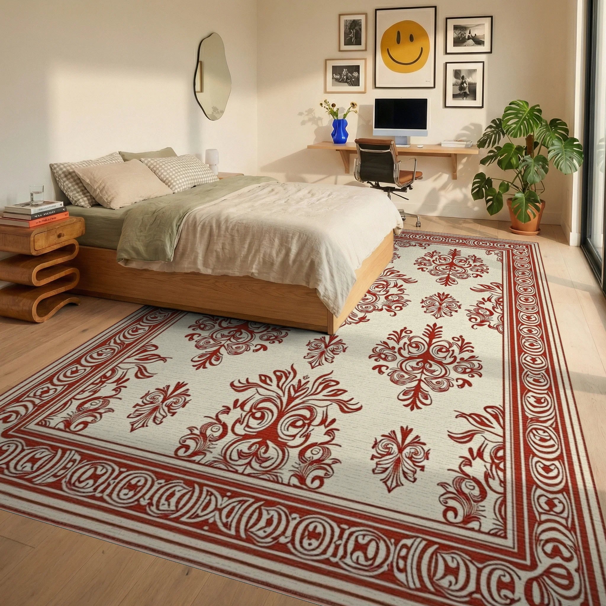 Classic Red Cream Damask Pattern Rug Bedroom View