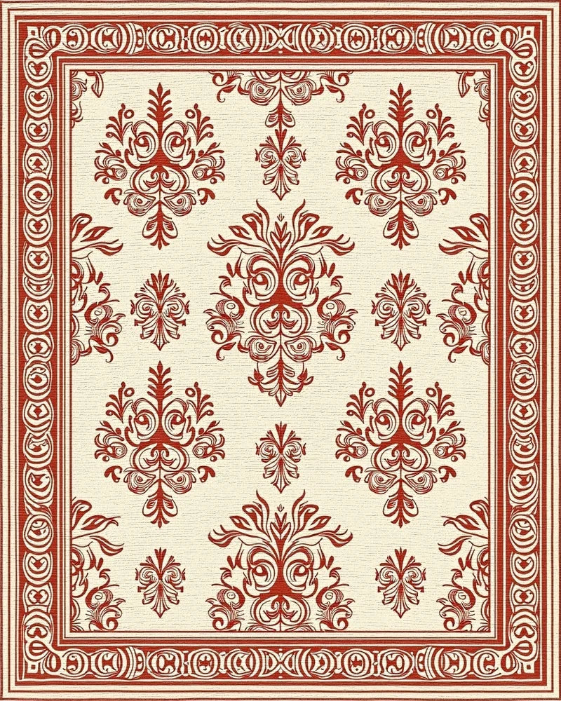 Classic Red Cream Damask Pattern Rug - Cutout View