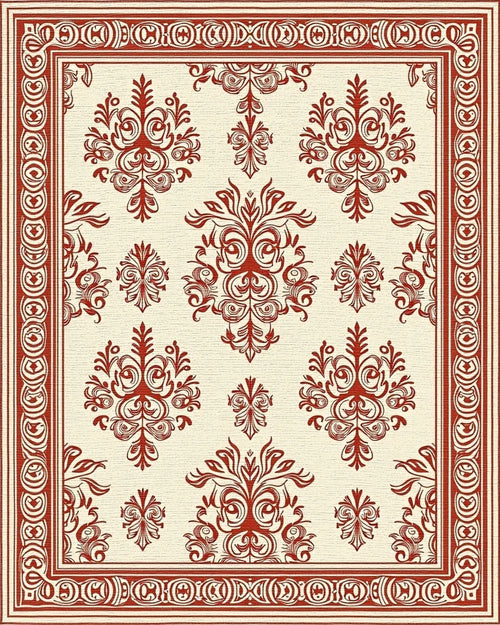 Classic Red Cream Damask Pattern Rug - Cutout View
