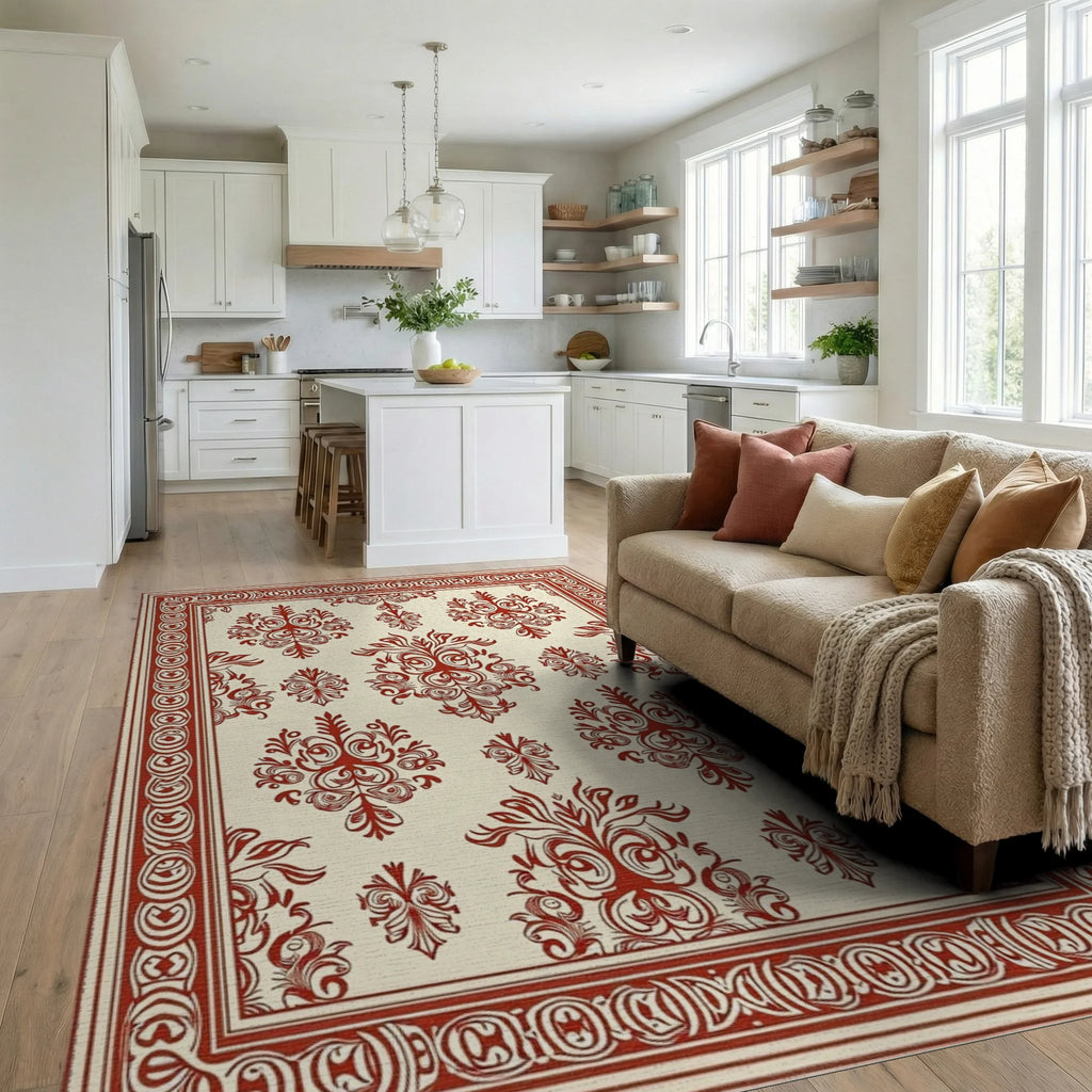 Classic Red Cream Damask Pattern Rug Living Room View