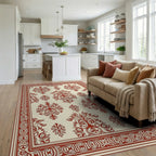 Classic Red Cream Damask Pattern Rug Living Room View