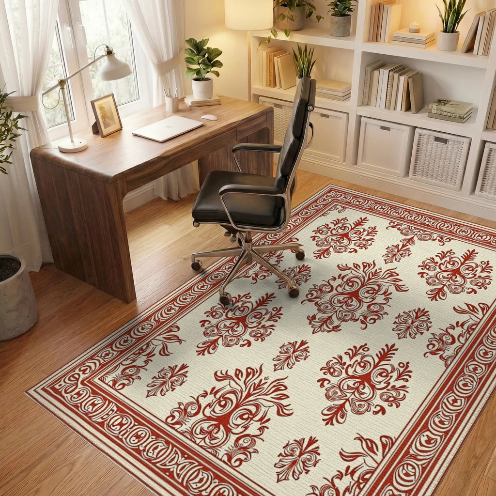 Classic Red Cream Damask Pattern Rug Office View