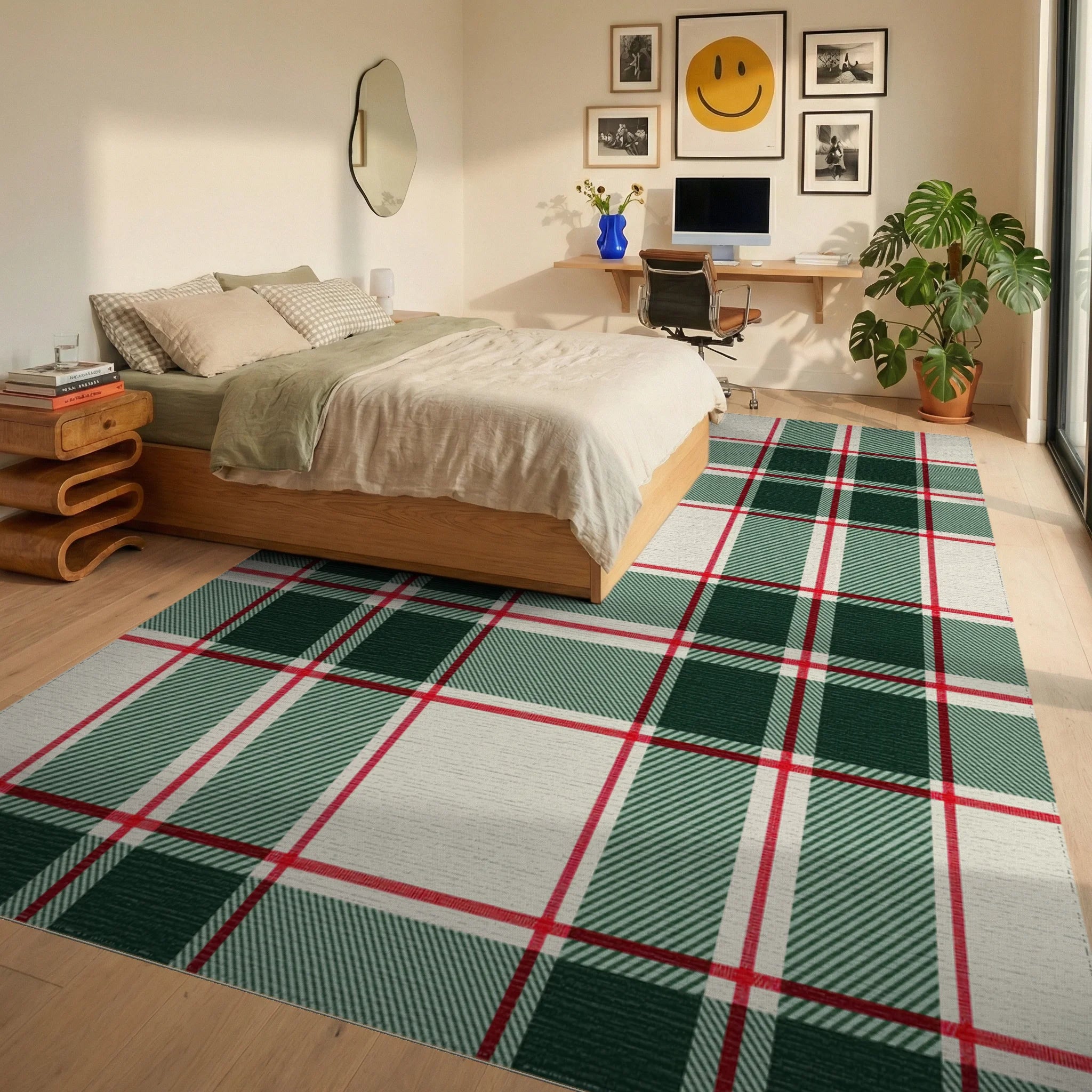 Classic Red Green Cream Plaid Rug - Bedroom View