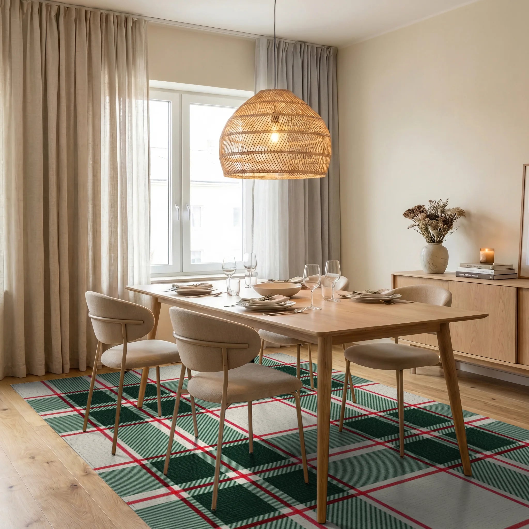 Classic Red Green Cream Plaid Rug - Dining Room View