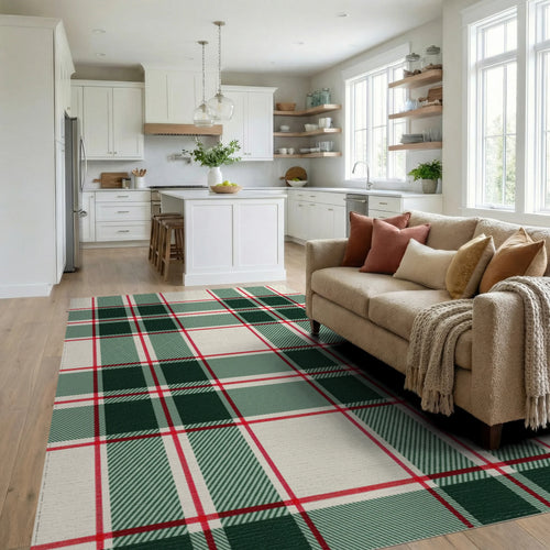 Classic Red Green Cream Plaid Rug - Living Room View