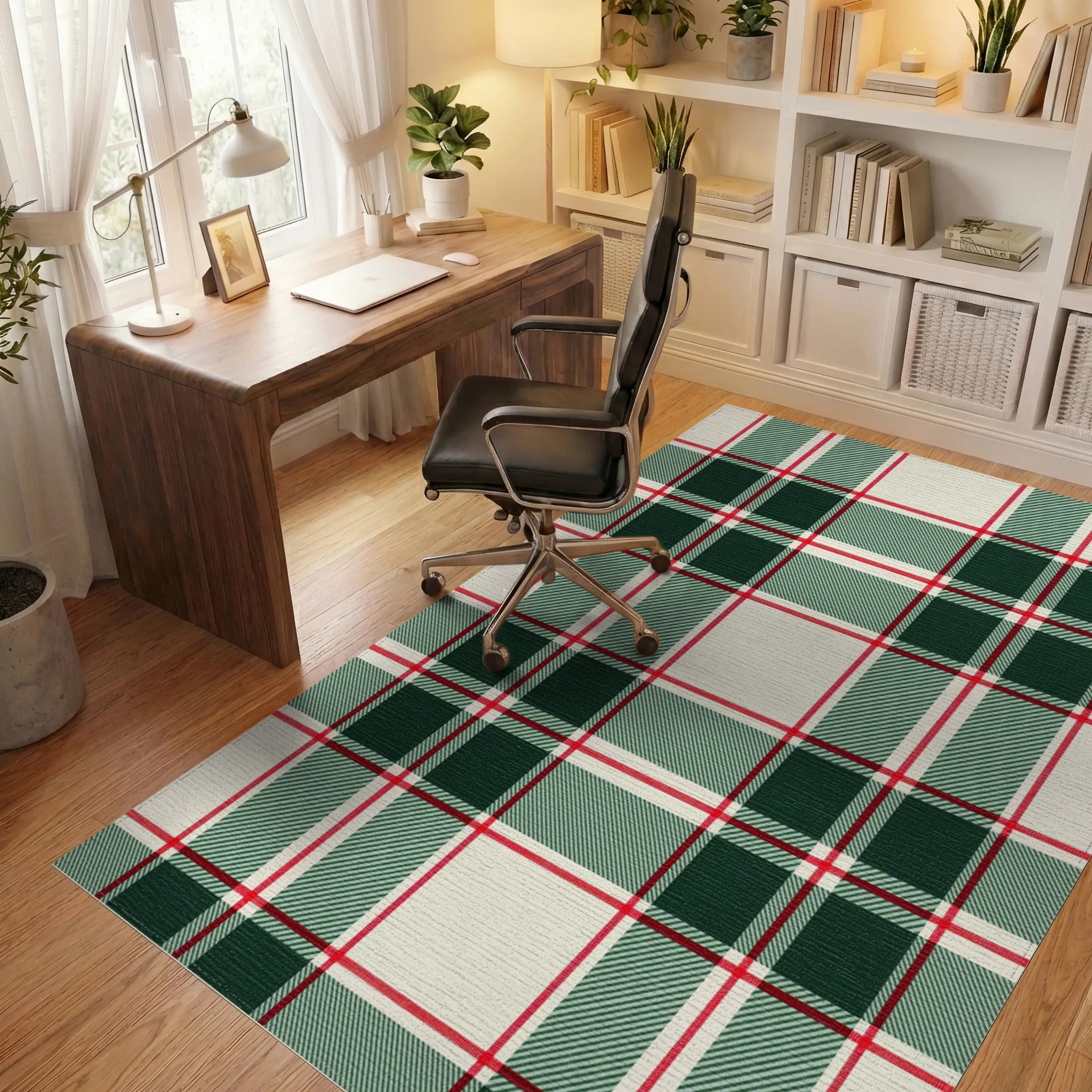 Classic Red Green Cream Plaid Rug - Office View