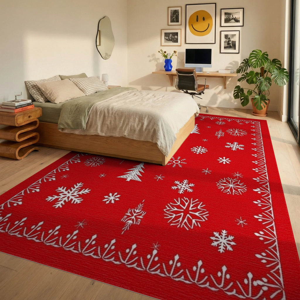 Classic Red Snowflakes Tree Pattern Rug - Bedroom View