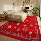Classic Red Snowflakes Tree Pattern Rug - Bedroom View