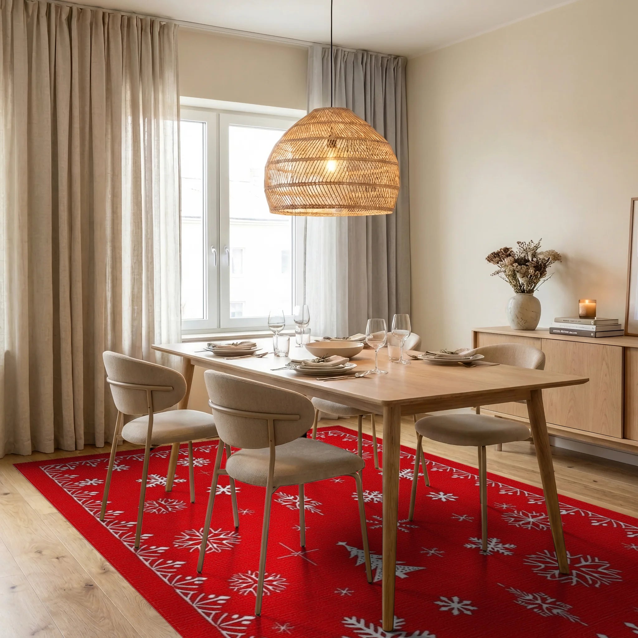 Classic Red Snowflakes Tree Pattern Rug - Dining Room View