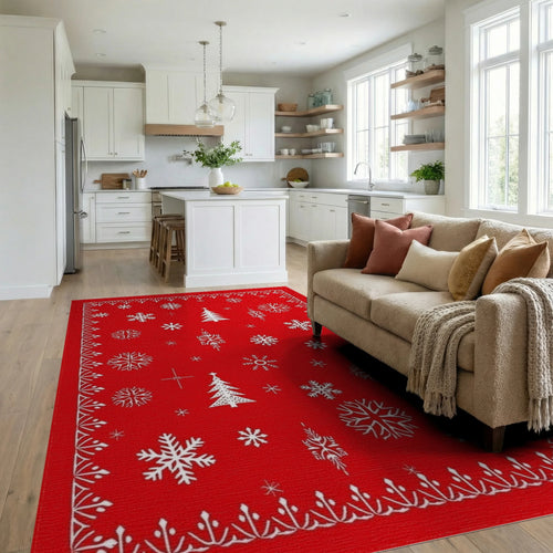 Classic Red Snowflakes Tree Pattern Rug - Living Room View