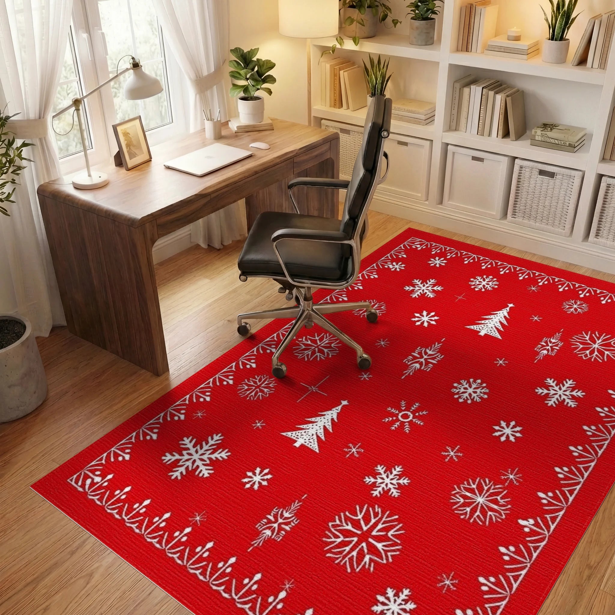 Classic Red Snowflakes Tree Pattern Rug - Office View