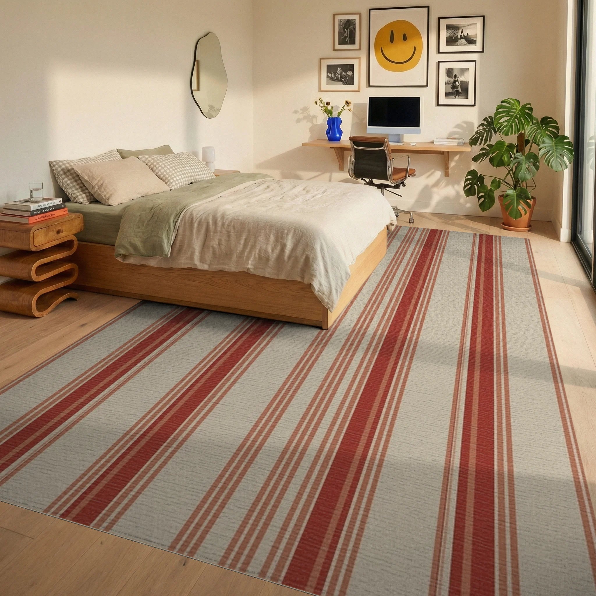 Classic Red Stripe Area Rug Bedroom View