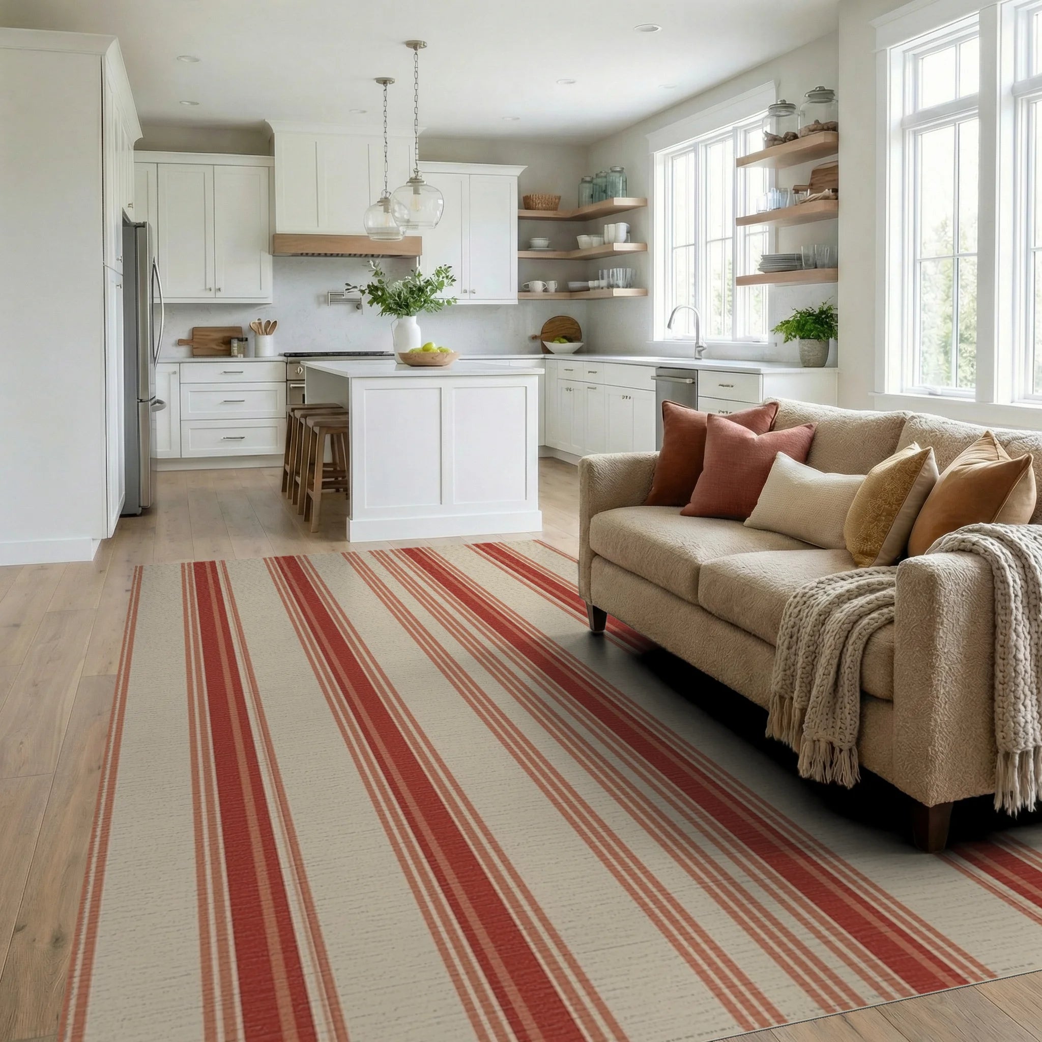 Classic Red Stripe Area Rug Living Room View