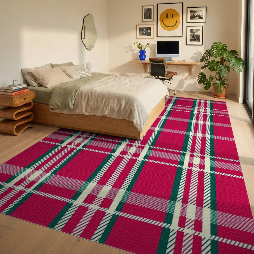 Classic Red Tartan Plaid Design Rug Bedroom View