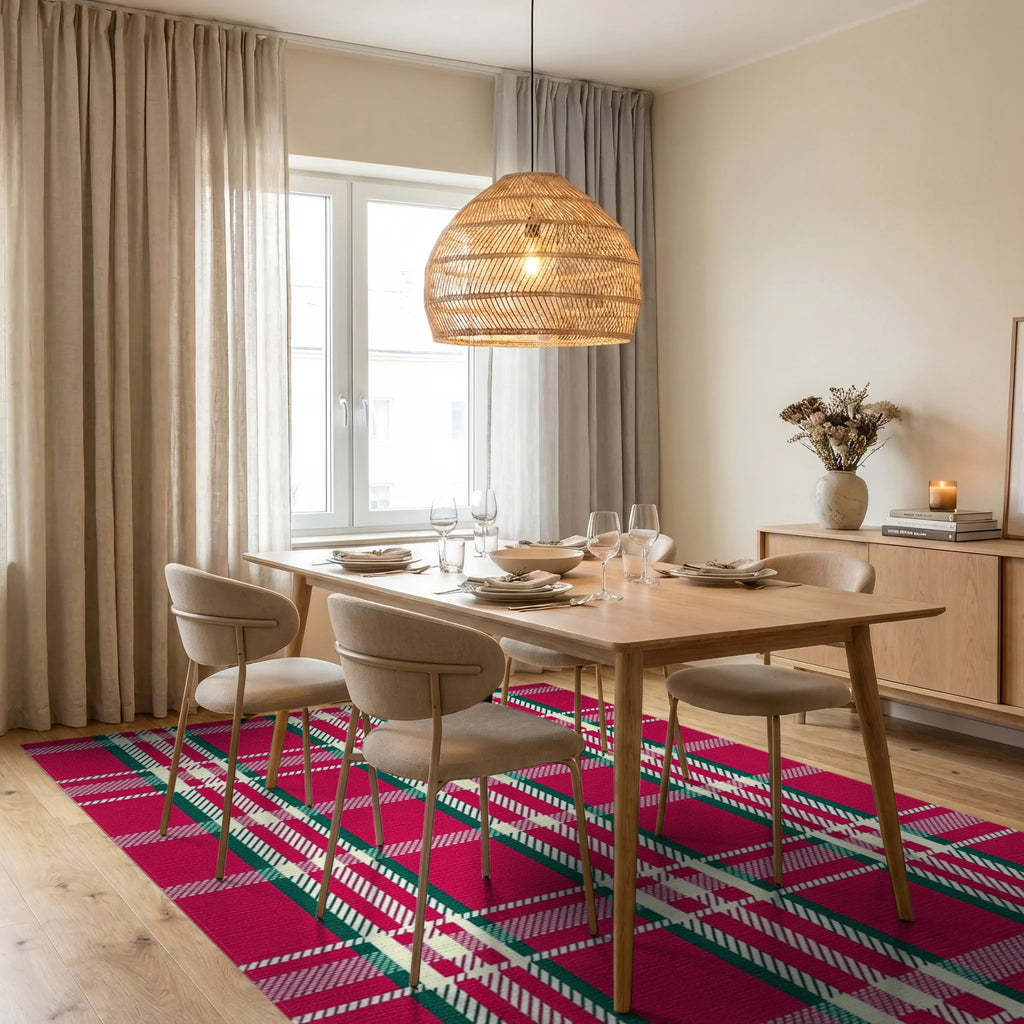 Classic Red Tartan Plaid Design Rug Dining Room View
