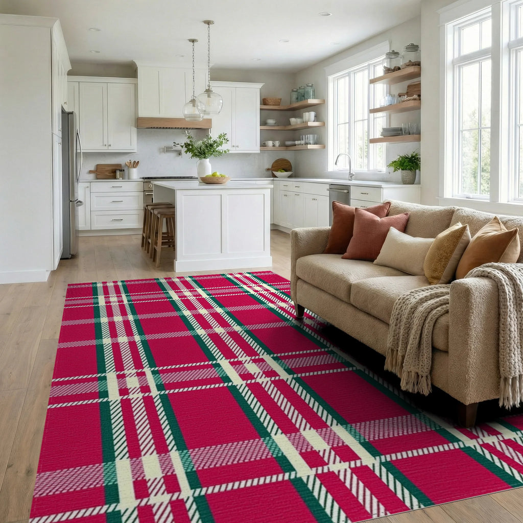 Classic Red Tartan Plaid Design Rug Living Room View