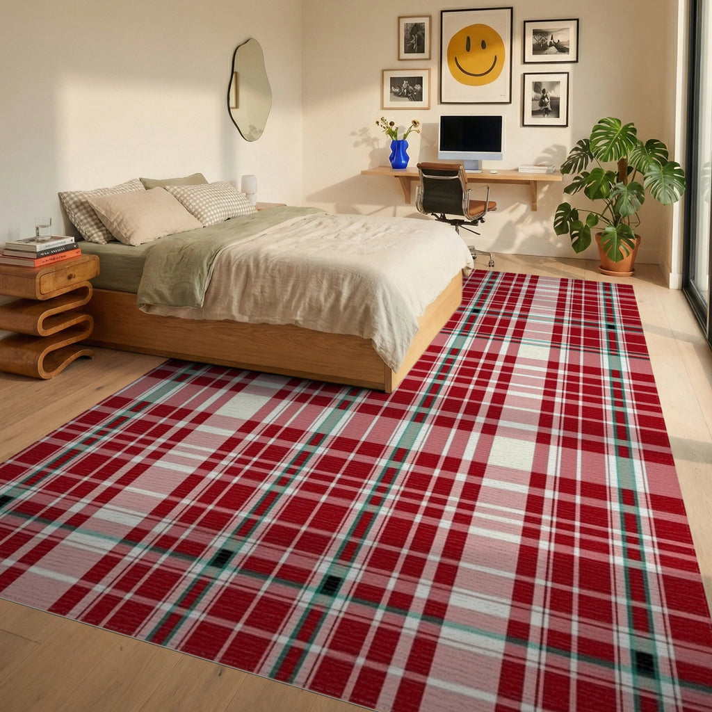 Classic Red White Plaid Pattern Rug - Bedroom View